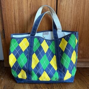 Llbean vintage blue yellow green argyle MED boat and tote 100% cotton canvas